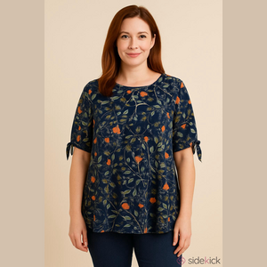 West Loop Blue and Orange Floral Short Sleeve Top